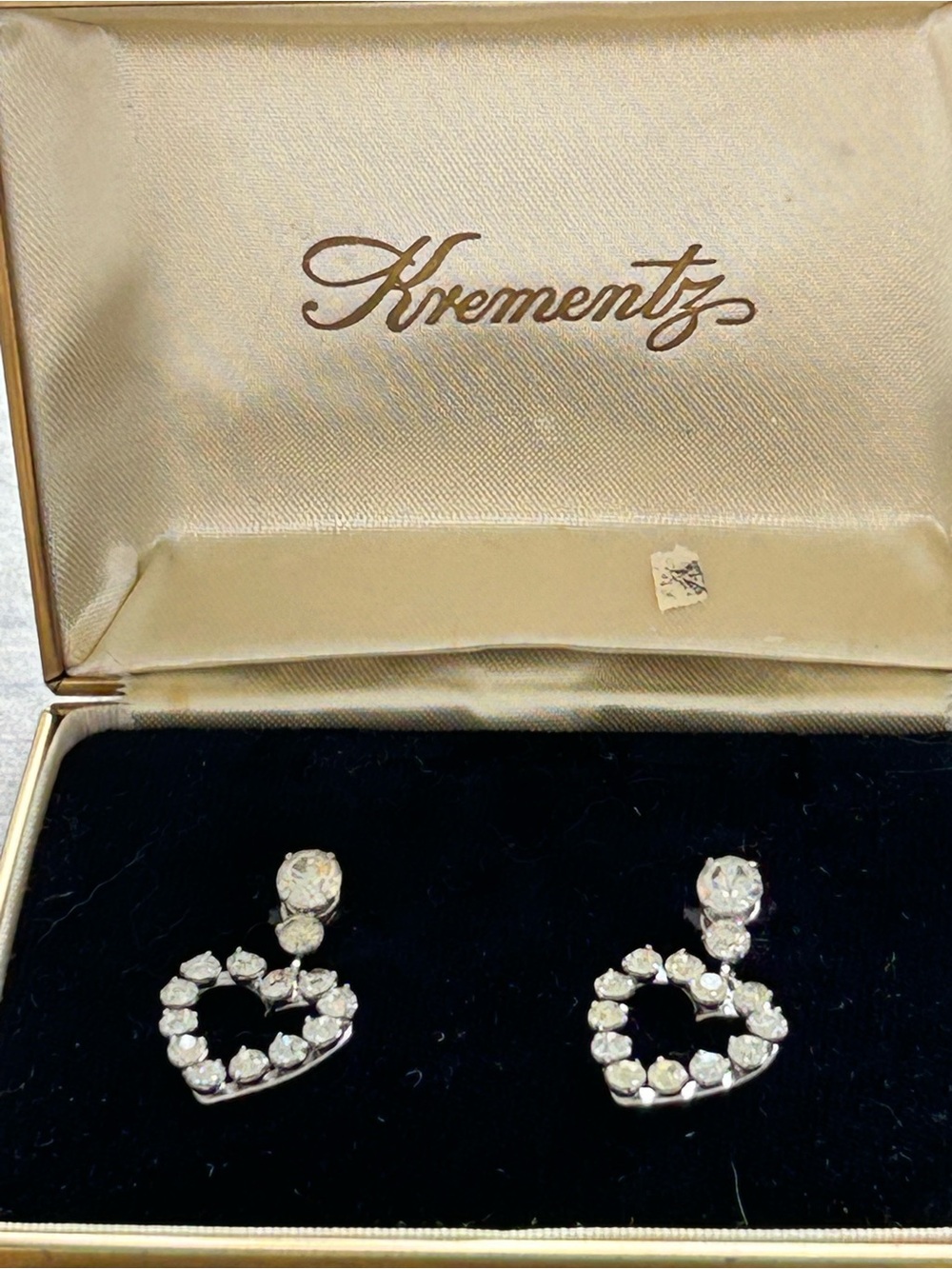 Krementz Silver-Tone Heart Drop Earrings with Clear Stones